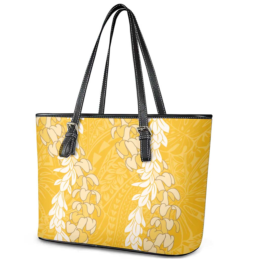 Puakenikeni and Maile Lei Leather Tote Bag Gold Double Strand Lei