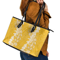 Puakenikeni and Maile Lei Leather Tote Bag Gold Double Strand Lei