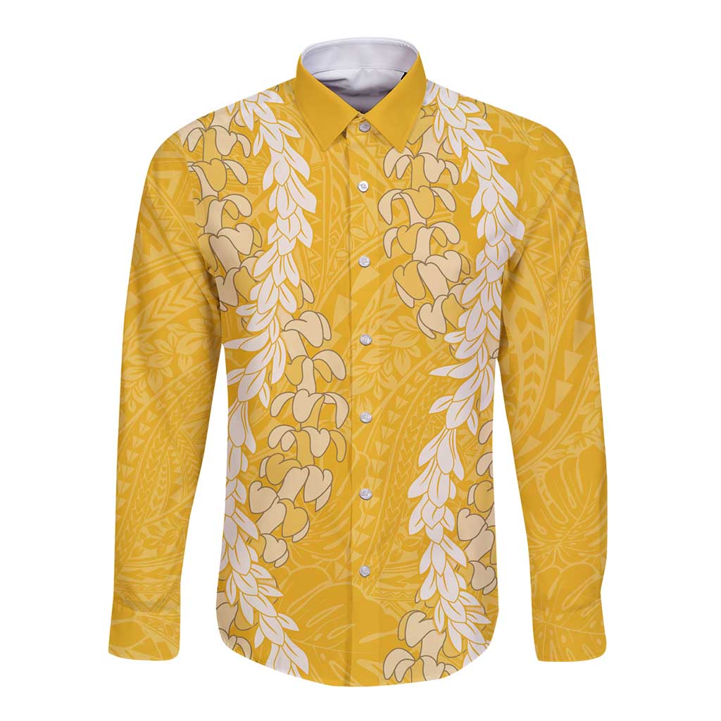 Puakenikeni and Maile Lei Long Sleeve Button Shirt Gold Double Strand Lei LT9 Unisex Gold - Polynesian Pride