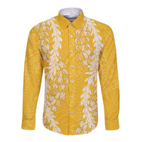 Puakenikeni and Maile Lei Long Sleeve Button Shirt Gold Double Strand Lei LT9 Unisex Gold - Polynesian Pride
