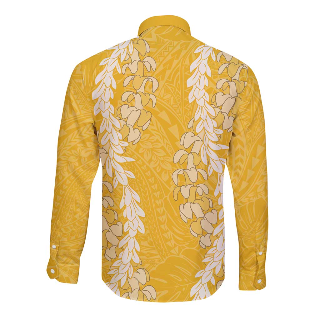 Puakenikeni and Maile Lei Long Sleeve Button Shirt Gold Double Strand Lei LT9 - Polynesian Pride