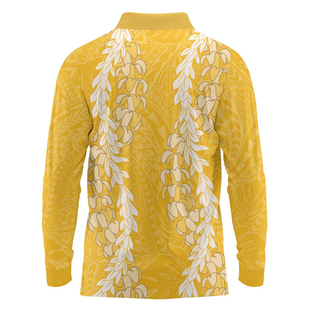 Puakenikeni and Maile Lei Long Sleeve Polo Shirt Gold Double Strand Lei LT9 - Polynesian Pride