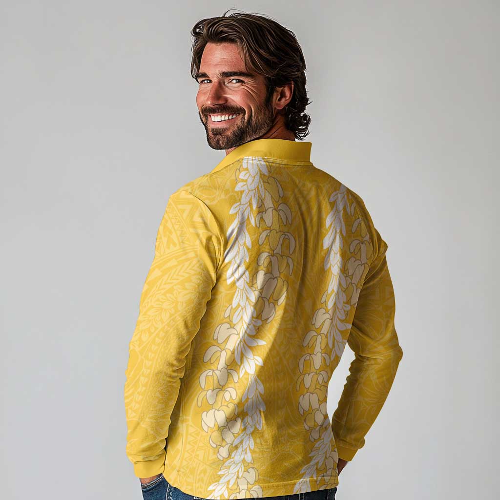 Puakenikeni and Maile Lei Long Sleeve Polo Shirt Gold Double Strand Lei LT9 - Polynesian Pride