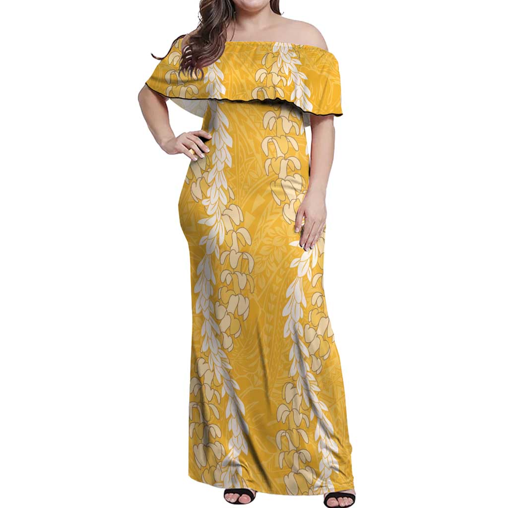 Puakenikeni and Maile Lei Off Shoulder Maxi Dress Gold Double Strand Lei LT9 Women Gold - Polynesian Pride
