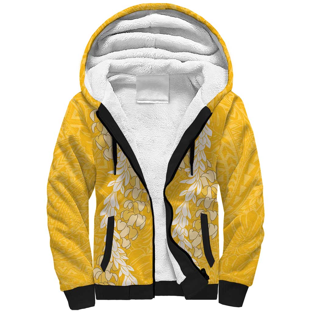 Puakenikeni and Maile Lei Sherpa Hoodie Gold Double Strand Lei LT9 Unisex Gold - Polynesian Pride