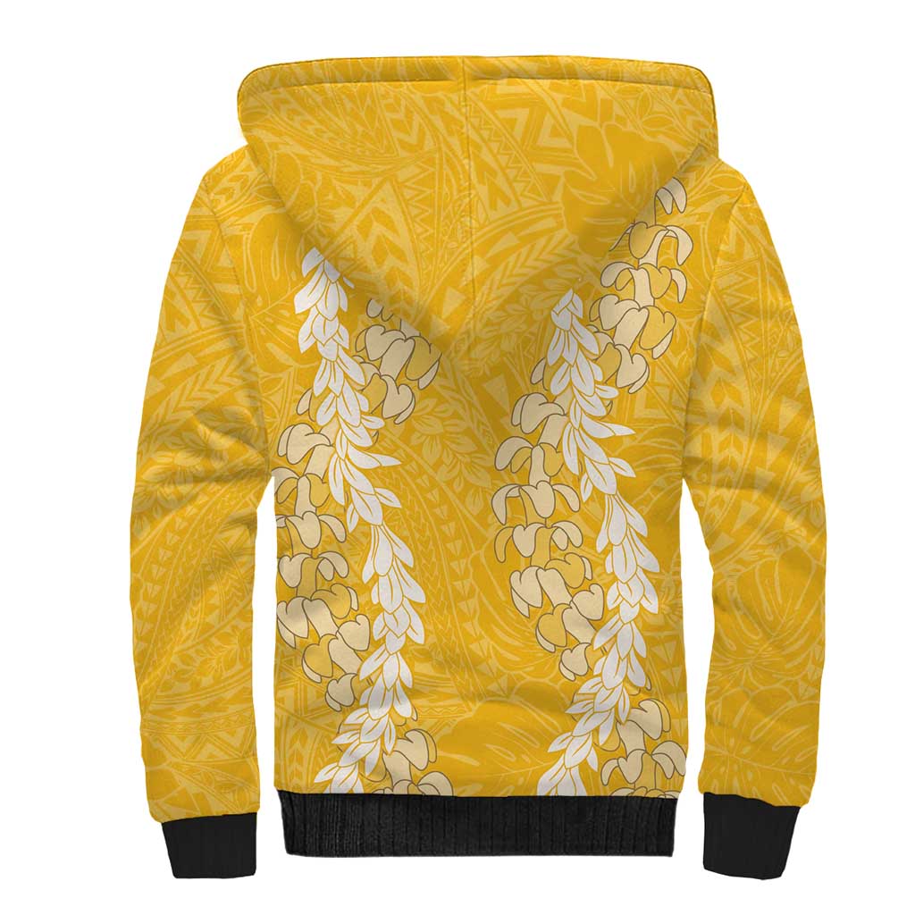 Puakenikeni and Maile Lei Sherpa Hoodie Gold Double Strand Lei LT9 - Polynesian Pride