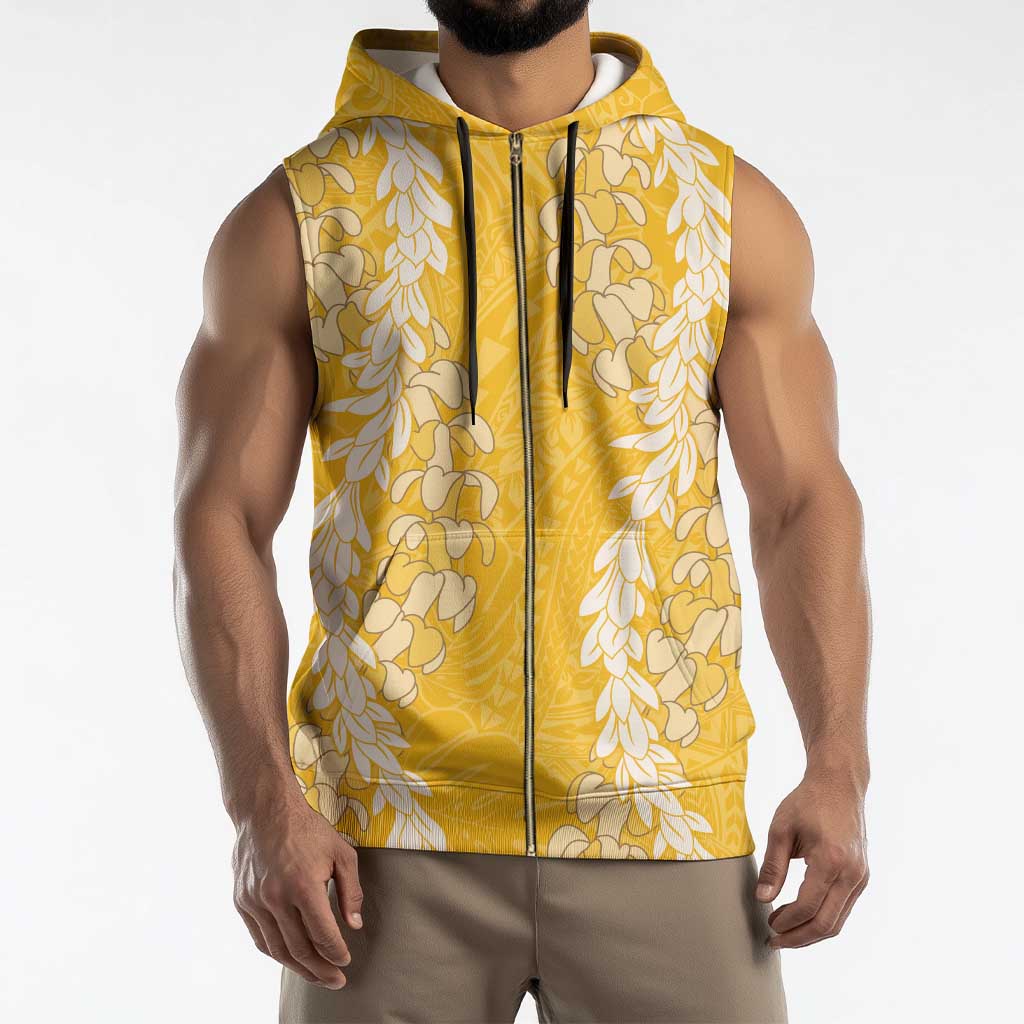Puakenikeni and Maile Lei Sleeveless Zip Hoodie Gold Double Strand Lei - Polynesian Pride
