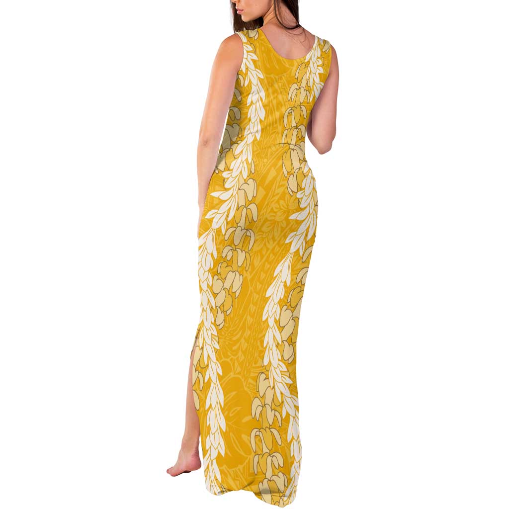 Puakenikeni and Maile Lei Tank Maxi Dress Gold Double Strand Lei