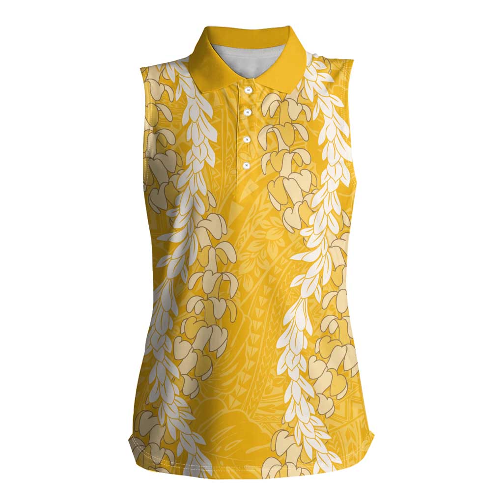 Puakenikeni and Maile Lei Women Sleeveless Polo Shirt Gold Double Strand Lei