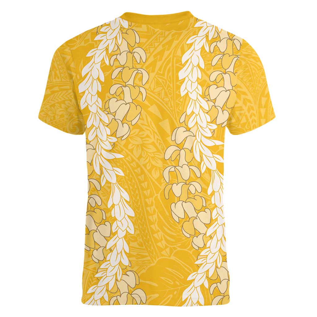 Puakenikeni and Maile Lei Women V-Neck T-Shirt Gold Double Strand Lei