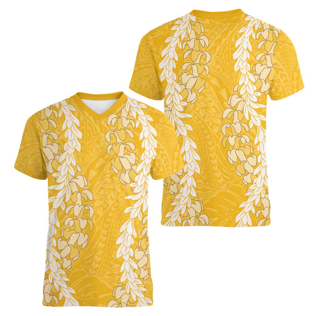 Puakenikeni and Maile Lei Women V-Neck T-Shirt Gold Double Strand Lei