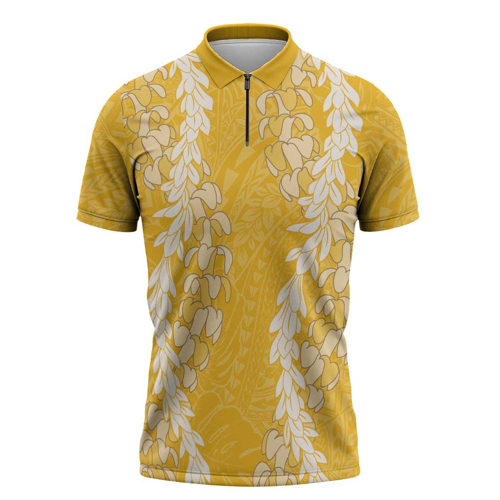 Puakenikeni and Maile Lei Zipper Polo Shirt Gold Double Strand Lei LT9 Gold - Polynesian Pride