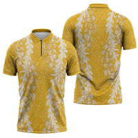 Puakenikeni and Maile Lei Zipper Polo Shirt Gold Double Strand Lei LT9 - Polynesian Pride