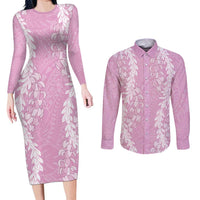 Puakenikeni and Maile Lei Couples Matching Long Sleeve Bodycon Dress and Long Sleeve Button Shirt Pink Double Strand Lei