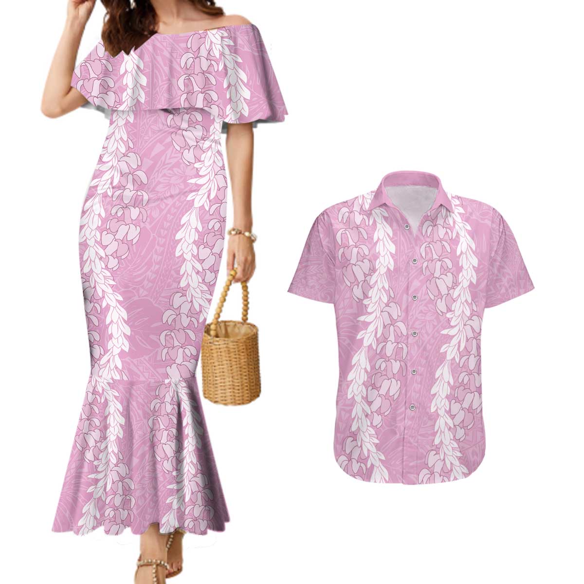 Puakenikeni and Maile Lei Couples Matching Mermaid Dress and Hawaiian Shirt Pink Double Strand Lei