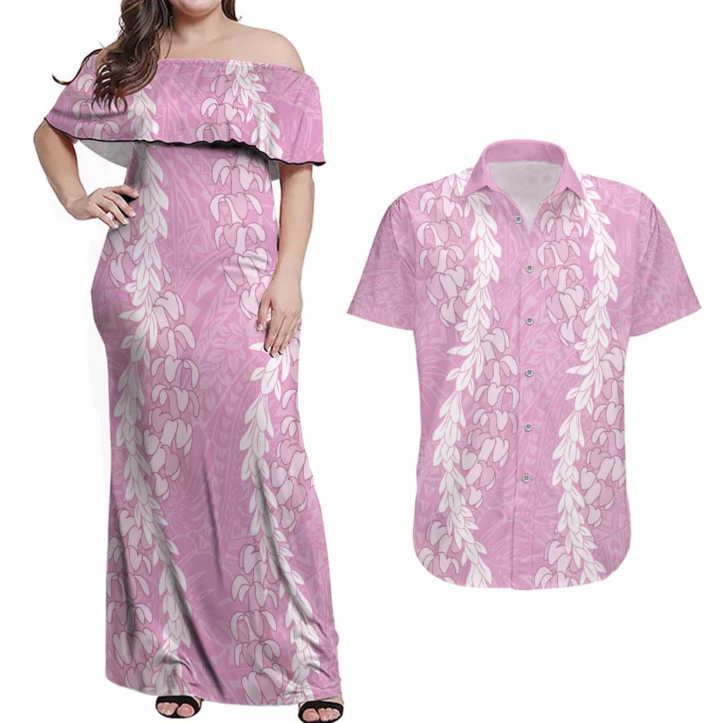 Puakenikeni and Maile Lei Couples Matching Off Shoulder Maxi Dress and Hawaiian Shirt Pink Double Strand Lei