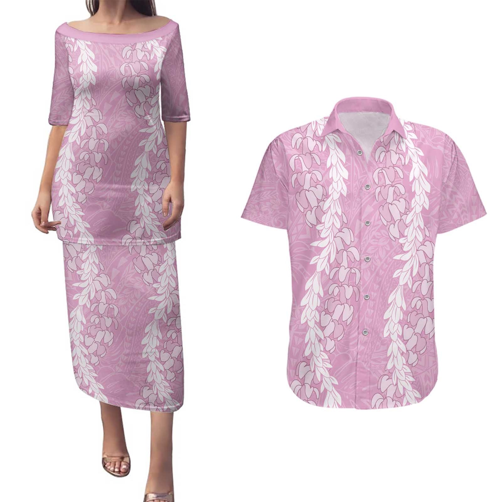 Puakenikeni and Maile Lei Couples Matching Puletasi and Hawaiian Shirt Pink Double Strand Lei