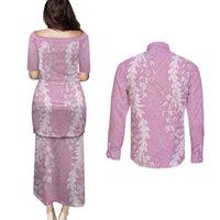Puakenikeni and Maile Lei Couples Matching Puletasi and Long Sleeve Button Shirt Pink Double Strand Lei