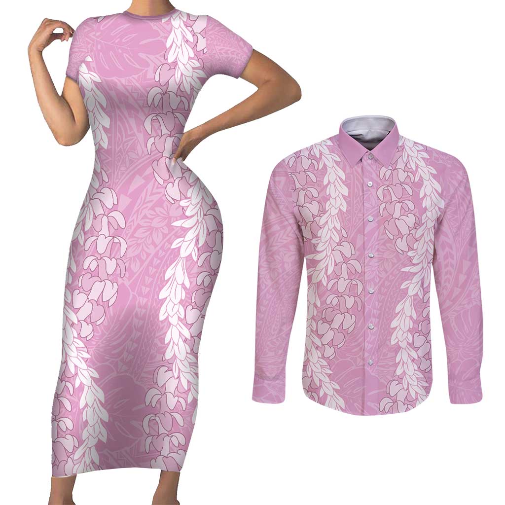Puakenikeni and Maile Lei Couples Matching Short Sleeve Bodycon Dress and Long Sleeve Button Shirt Pink Double Strand Lei
