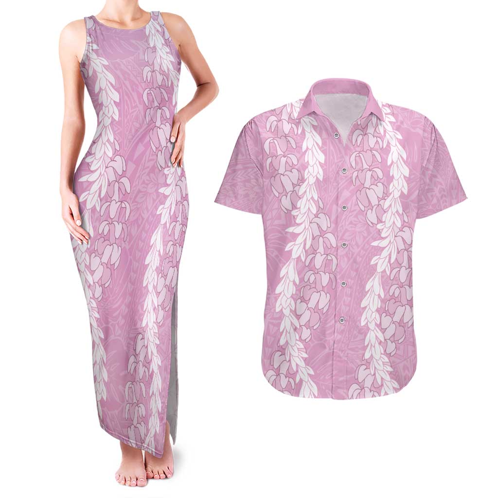 Puakenikeni and Maile Lei Couples Matching Tank Maxi Dress and Hawaiian Shirt Pink Double Strand Lei