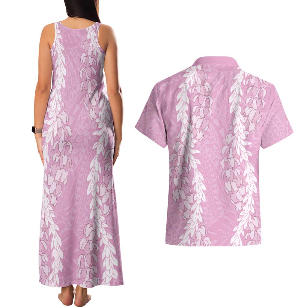 Puakenikeni and Maile Lei Couples Matching Tank Maxi Dress and Hawaiian Shirt Pink Double Strand Lei