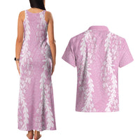 Puakenikeni and Maile Lei Couples Matching Tank Maxi Dress and Hawaiian Shirt Pink Double Strand Lei