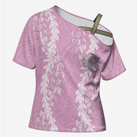Puakenikeni and Maile Lei Cross Shoulder Shirt Pink Double Strand Lei LT9 Female Pink - Polynesian Pride