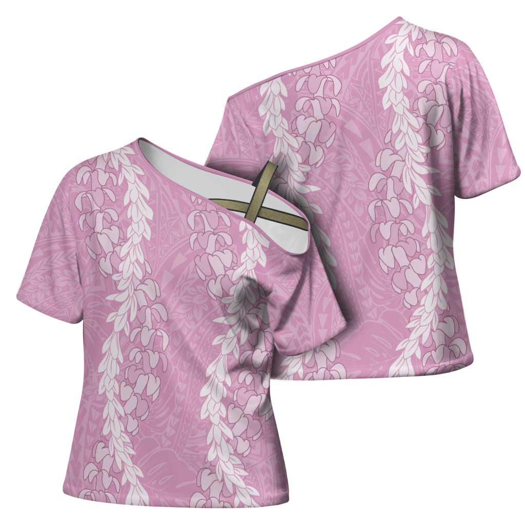 Puakenikeni and Maile Lei Cross Shoulder Shirt Pink Double Strand Lei LT9 - Polynesian Pride