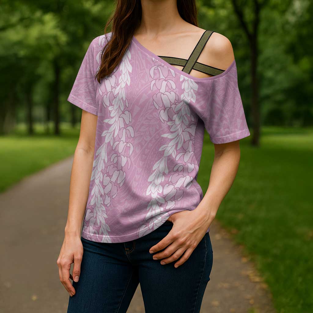 Puakenikeni and Maile Lei Cross Shoulder Shirt Pink Double Strand Lei LT9 - Polynesian Pride