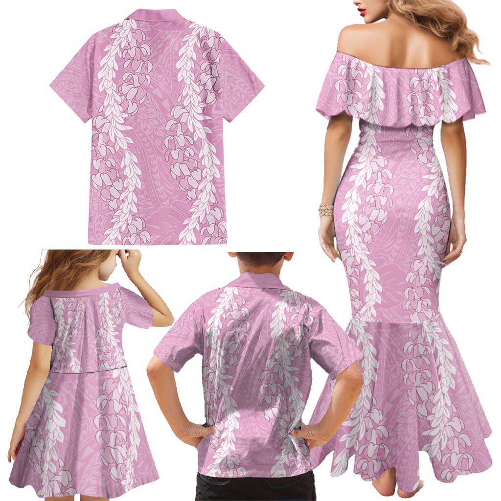 Puakenikeni and Maile Lei Family Matching Mermaid Dress and Hawaiian Shirt Pink Double Strand Lei