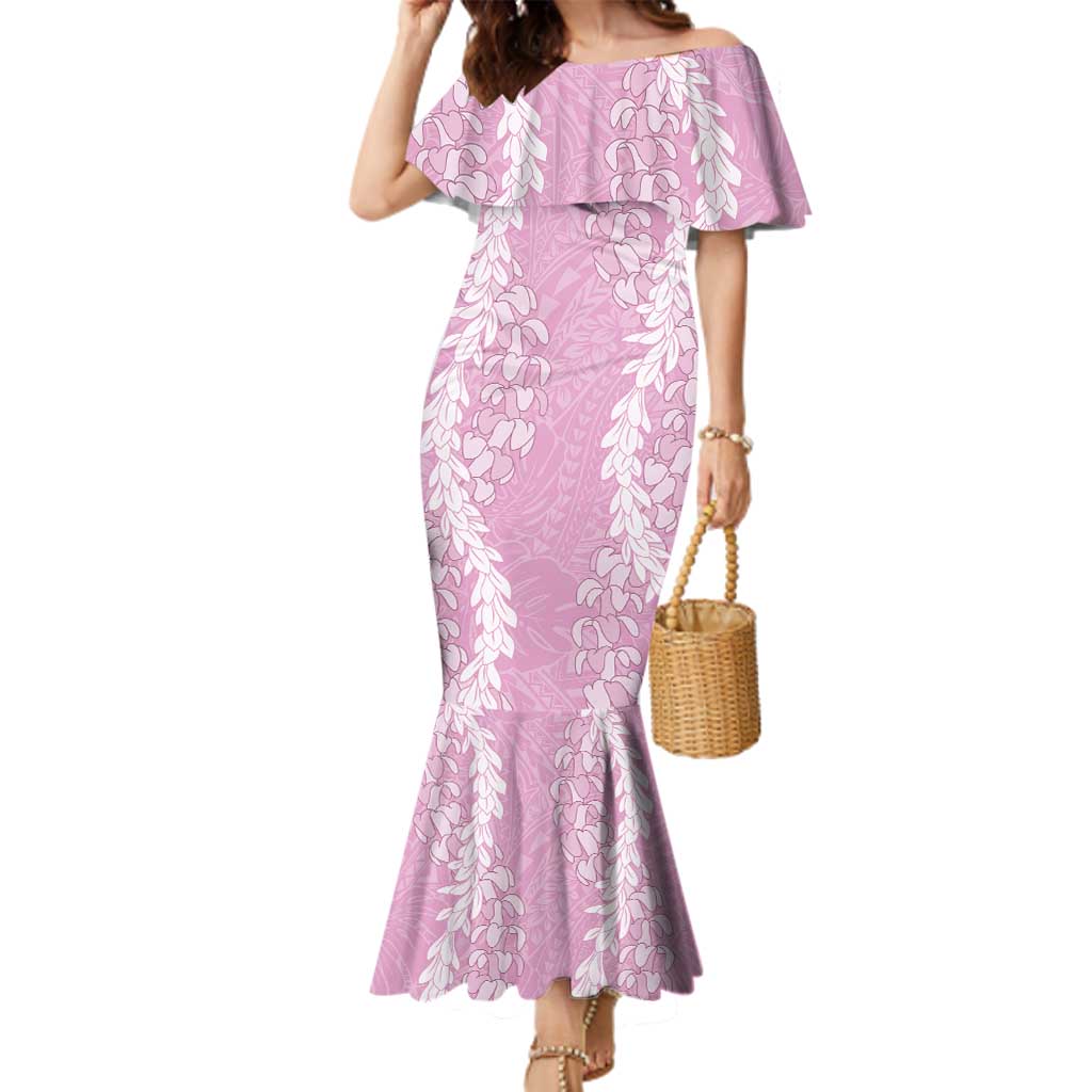 Puakenikeni and Maile Lei Family Matching Mermaid Dress and Hawaiian Shirt Pink Double Strand Lei