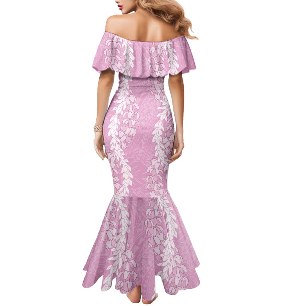 Puakenikeni and Maile Lei Family Matching Mermaid Dress and Hawaiian Shirt Pink Double Strand Lei