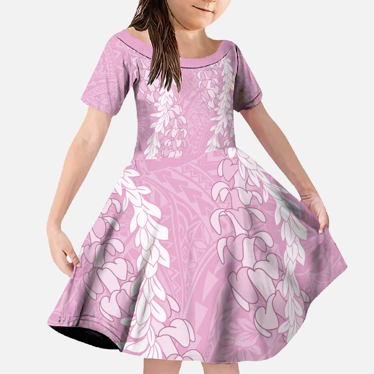 Puakenikeni and Maile Lei Family Matching Off The Shoulder Long Sleeve Dress and Hawaiian Shirt Pink Double Strand Lei