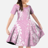 Puakenikeni and Maile Lei Family Matching Off The Shoulder Long Sleeve Dress and Hawaiian Shirt Pink Double Strand Lei