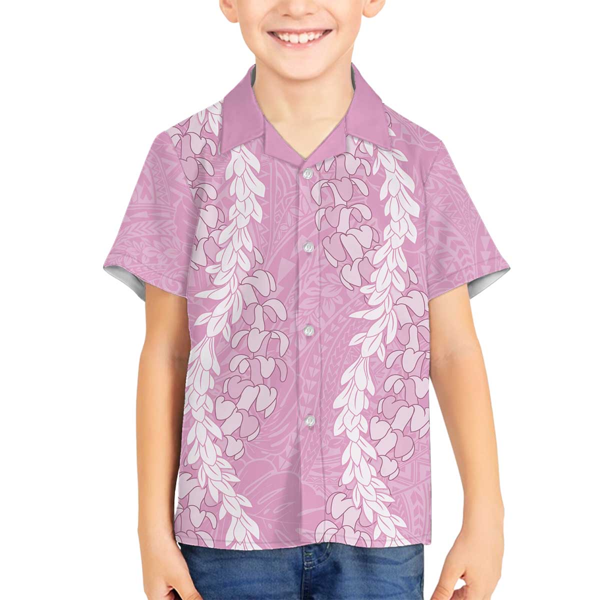 Puakenikeni and Maile Lei Family Matching Off The Shoulder Long Sleeve Dress and Hawaiian Shirt Pink Double Strand Lei