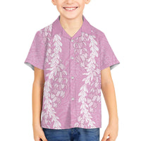 Puakenikeni and Maile Lei Family Matching Off The Shoulder Long Sleeve Dress and Hawaiian Shirt Pink Double Strand Lei
