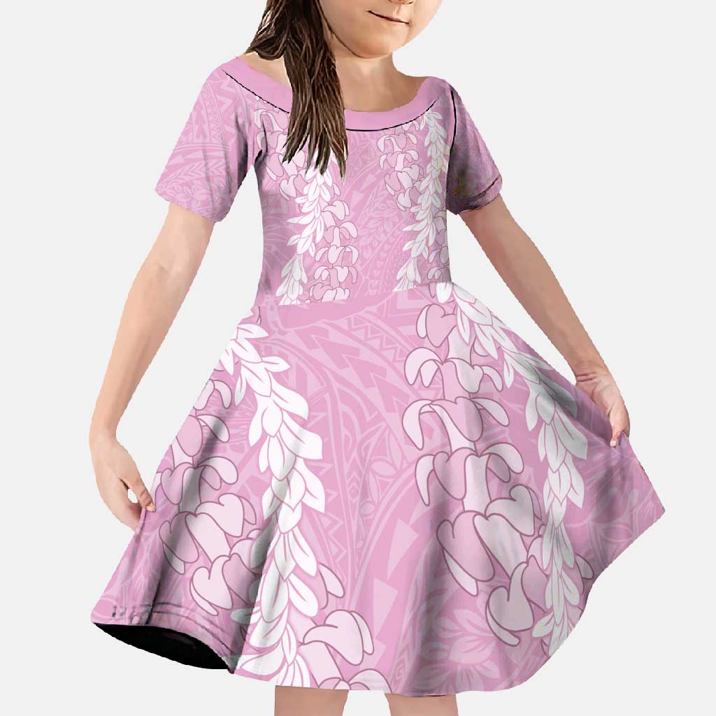Puakenikeni and Maile Lei Family Matching Off Shoulder Maxi Dress and Hawaiian Shirt Pink Double Strand Lei