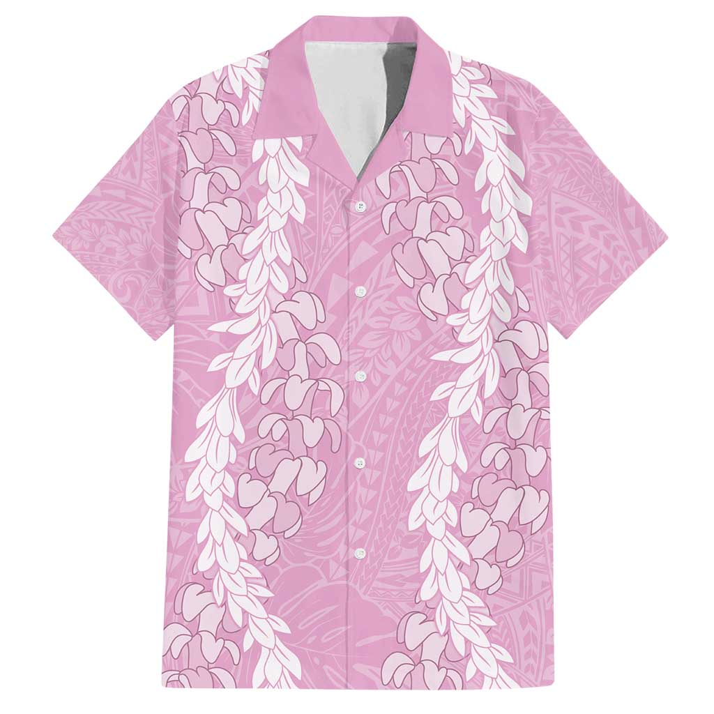Puakenikeni and Maile Lei Family Matching Off Shoulder Maxi Dress and Hawaiian Shirt Pink Double Strand Lei