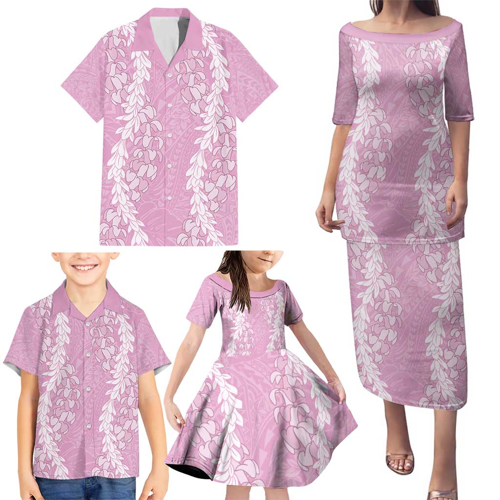 Puakenikeni and Maile Lei Family Matching Puletasi and Hawaiian Shirt Pink Double Strand Lei