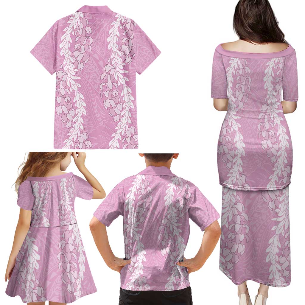Puakenikeni and Maile Lei Family Matching Puletasi and Hawaiian Shirt Pink Double Strand Lei