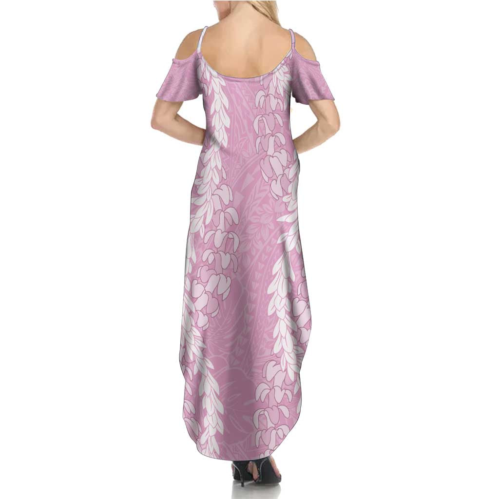 Puakenikeni and Maile Lei Family Matching Summer Maxi Dress and Hawaiian Shirt Pink Double Strand Lei