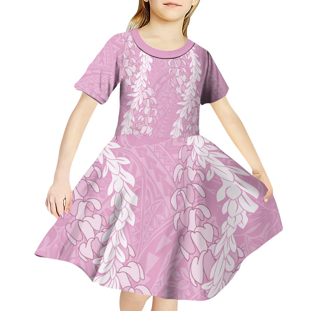 Puakenikeni and Maile Lei Kid Short Sleeve Dress Pink Double Strand Lei LT9 - Polynesian Pride