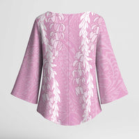 Puakenikeni and Maile Lei Kimono Sleeve Blouse Pink Double Strand Lei LT9 - Polynesian Pride