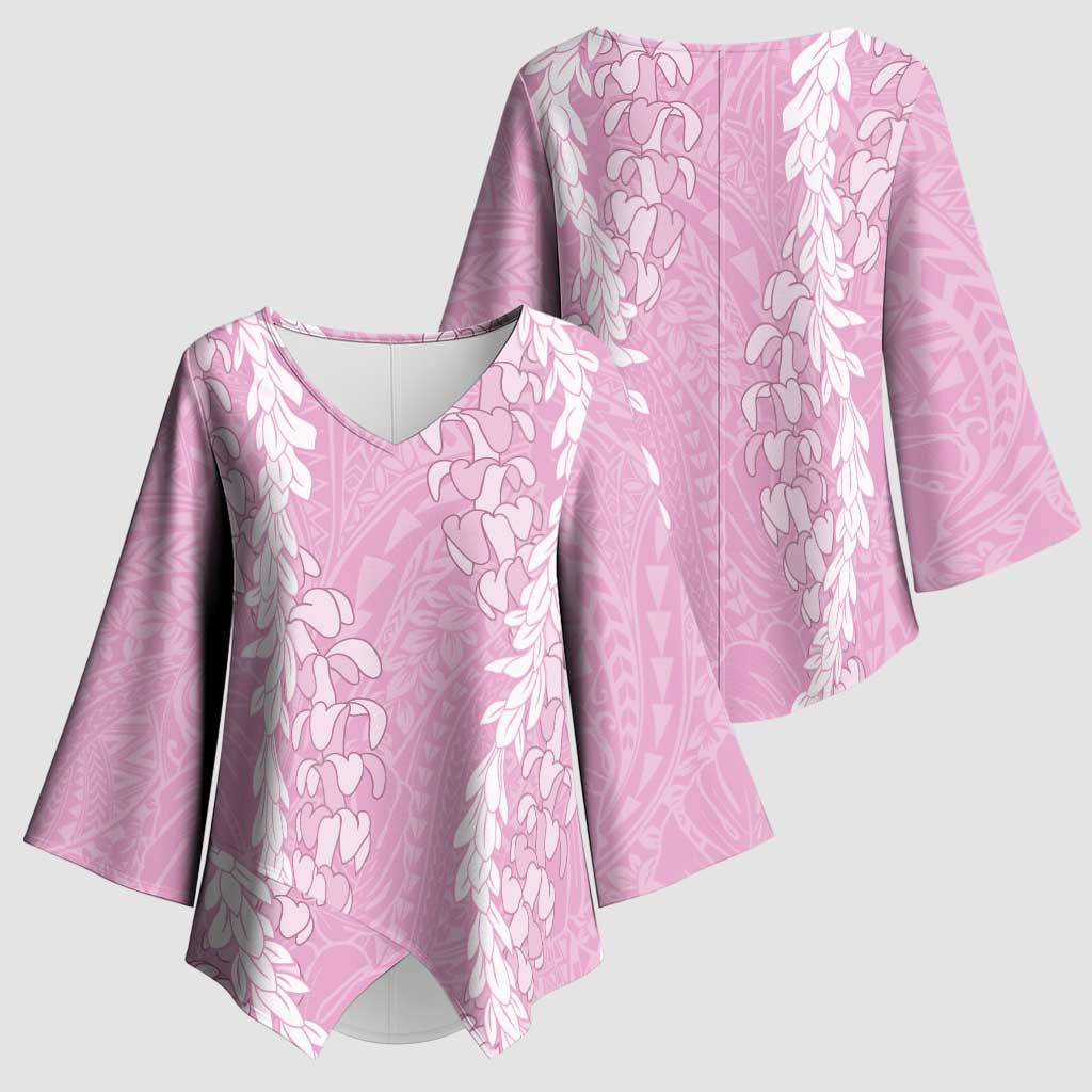 Puakenikeni and Maile Lei Kimono Sleeve Blouse Pink Double Strand Lei LT9 - Polynesian Pride
