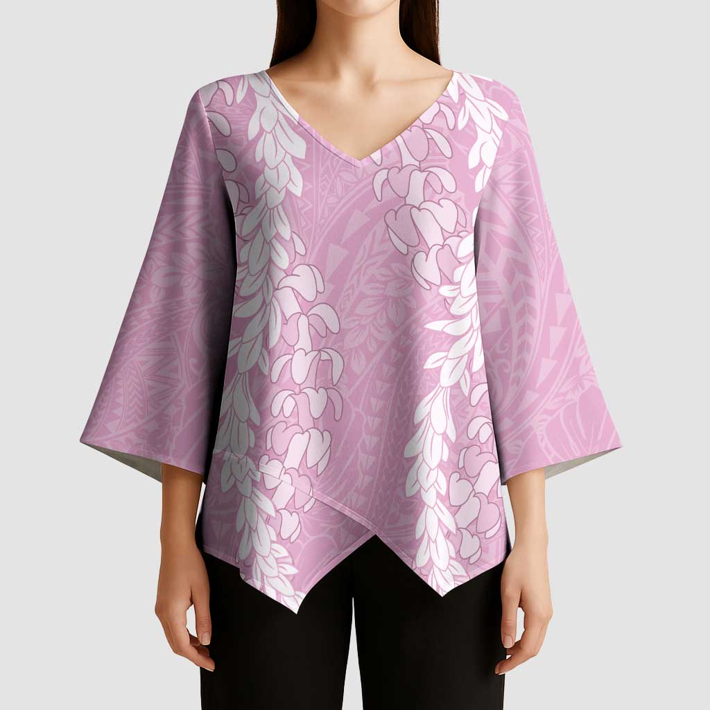 Puakenikeni and Maile Lei Kimono Sleeve Blouse Pink Double Strand Lei LT9 - Polynesian Pride