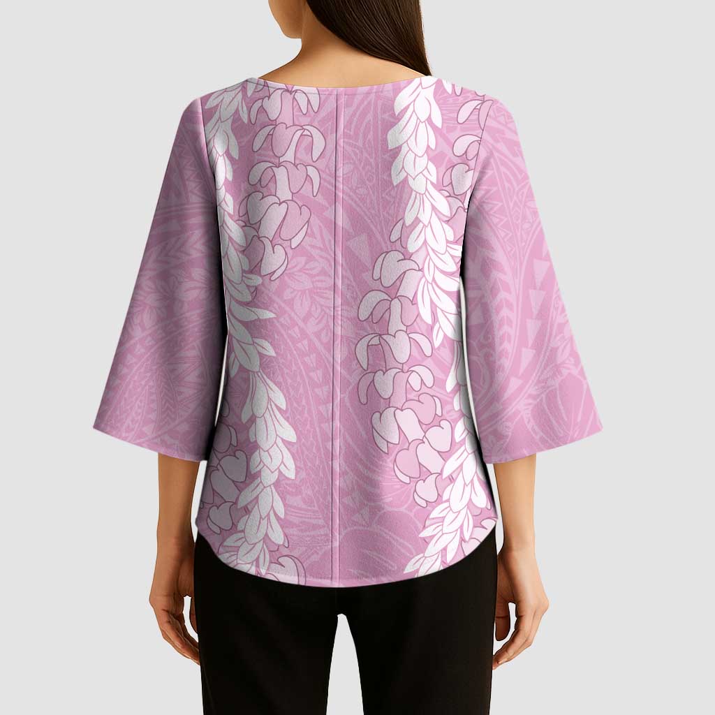Puakenikeni and Maile Lei Kimono Sleeve Blouse Pink Double Strand Lei LT9 - Polynesian Pride