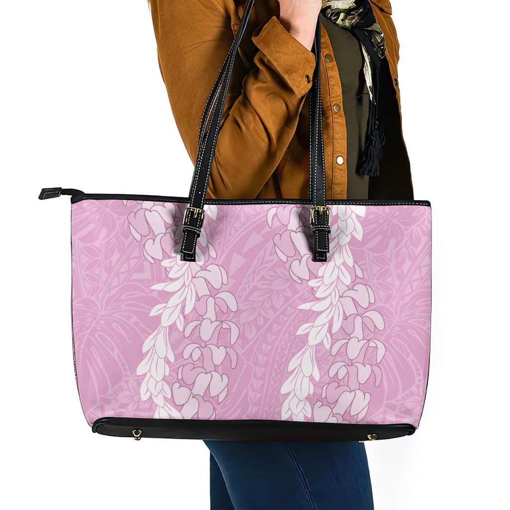 Puakenikeni and Maile Lei Leather Tote Bag Pink Double Strand Lei