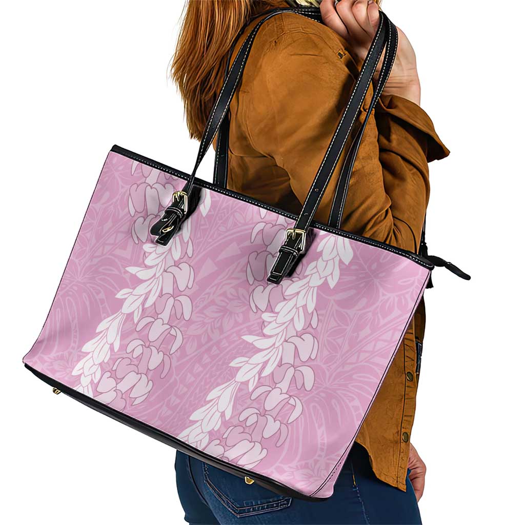 Puakenikeni and Maile Lei Leather Tote Bag Pink Double Strand Lei