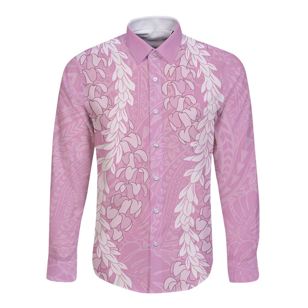 Puakenikeni and Maile Lei Long Sleeve Button Shirt Pink Double Strand Lei