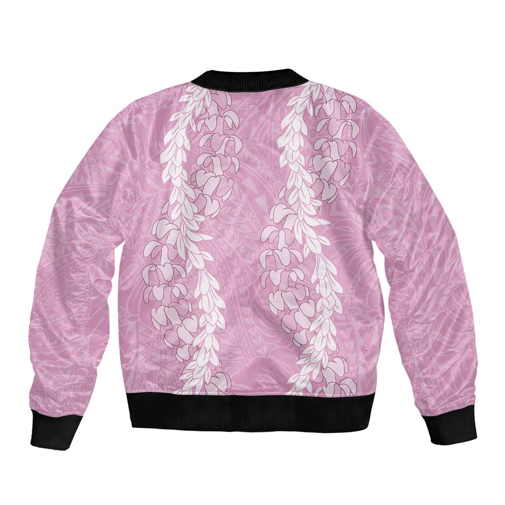Puakenikeni and Maile Lei Sleeve Zip Bomber Jacket Pink Double Strand Lei